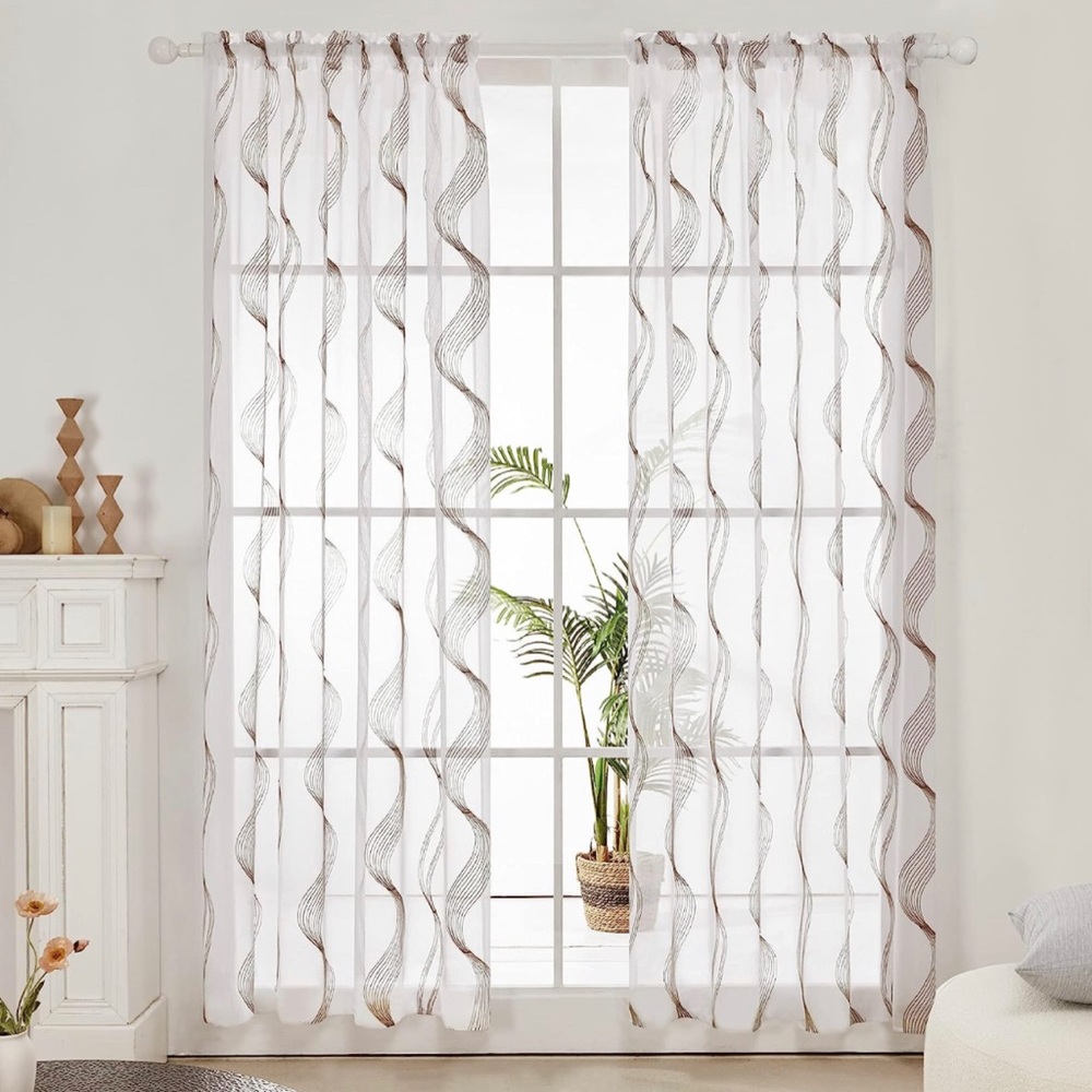Embroidered White Sheer Curtains, Khaki, Set of 2 Panels